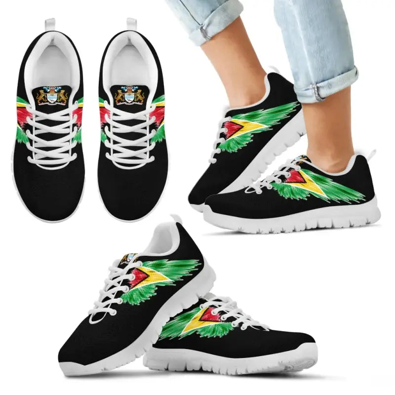 White sole low-top sneakers, multicolor wing motif across the side and toe