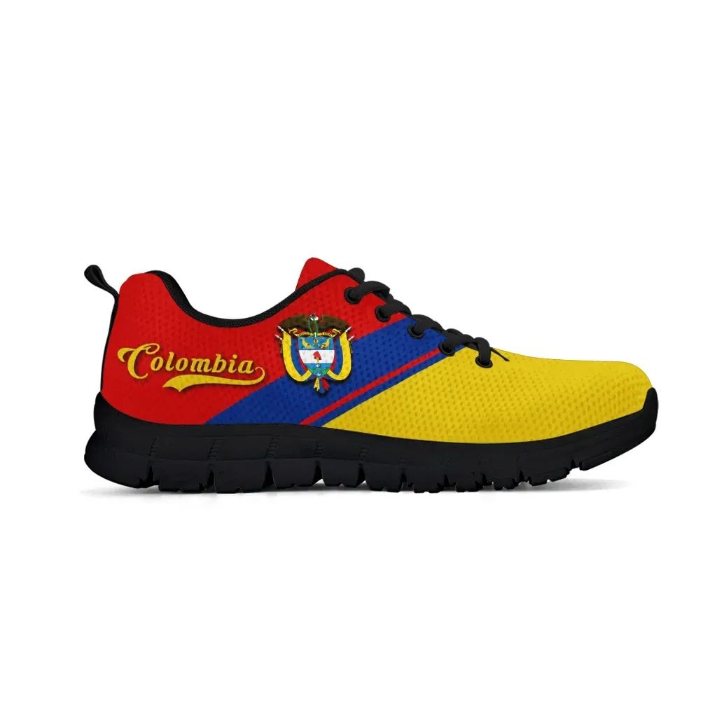 Colombia Rising sneakers, red collar and blue side stripe over yellow upper, black sole