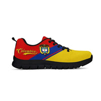 Colombia Rising sneakers, red collar and blue side stripe over yellow upper, black sole