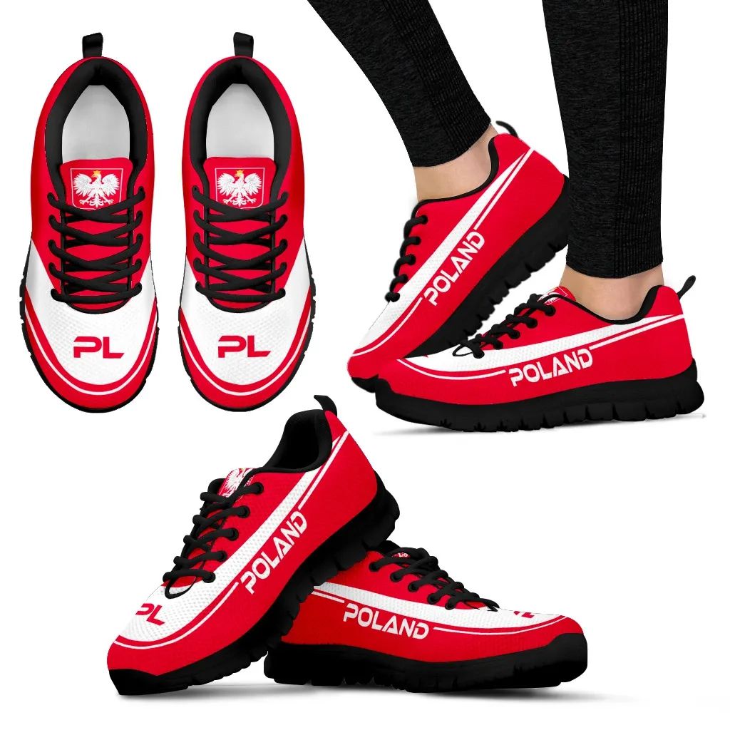 Red Poland sneakers with black sole and black laces; “POLAND” text on midfoot.
