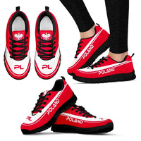 Red Poland sneakers with black sole and black laces; “POLAND” text on midfoot.