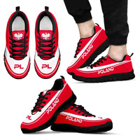 Red Poland sneakers with black laces and black sole; “POLAND” stripe along sides.