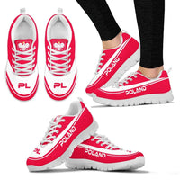 Red Poland sneakers with white sole and white laces; “PL” logo on heel panel.
