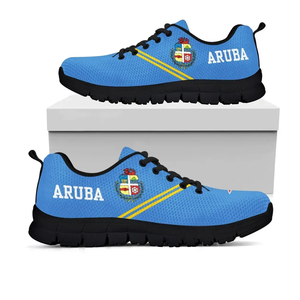 Aruba Rising Sneaker, blau mit schwarzer Sohle, „ARUBA“-Schriftzug und Wappen