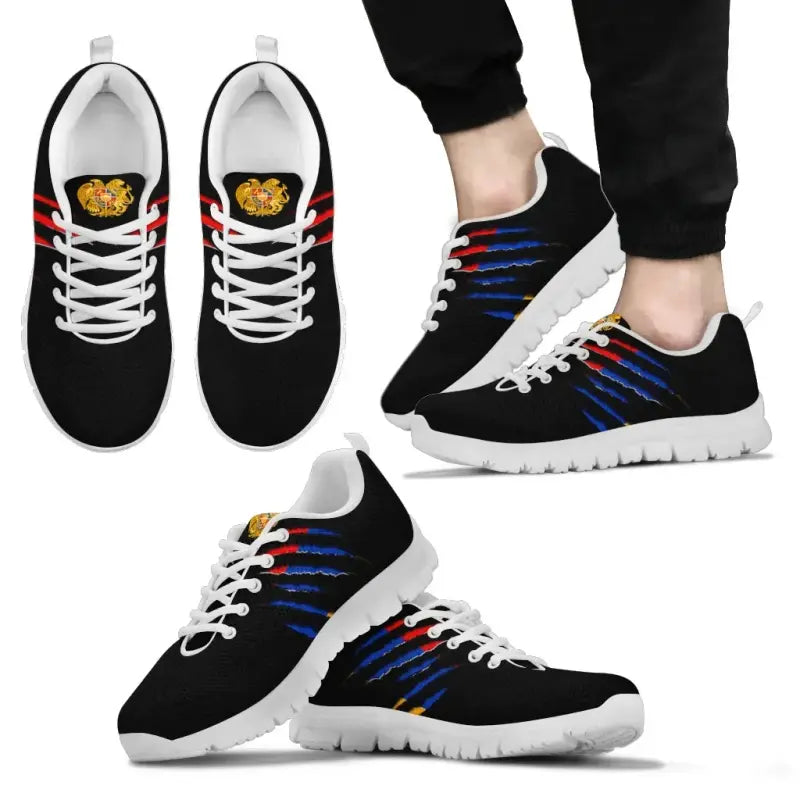 White-soled sneakers with Armenia graphic, white laces, blue/red stripe accent