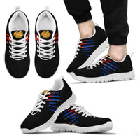 White-soled sneakers with Armenia graphic, white laces, blue/red stripe accent