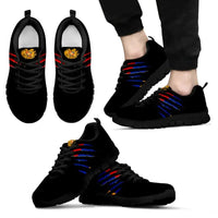 Black sneakers, side view: Armenia crest, blue/red stripe laces on black upper