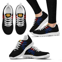 White-soled lace-up sneakers with Armenia graphic on black upper and blue/red stripes