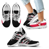 Sneakers z polską flagą: orzeł na boku, czarne i czerwono-białe detale, biała podeszwa