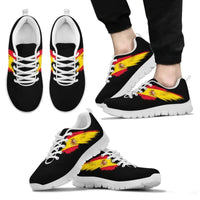 Black lace-up sneakers with colorful flame/crest print and white sole