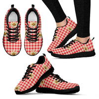 Red gingham low-top sneakers with black laces and black sole, floral detail on sides