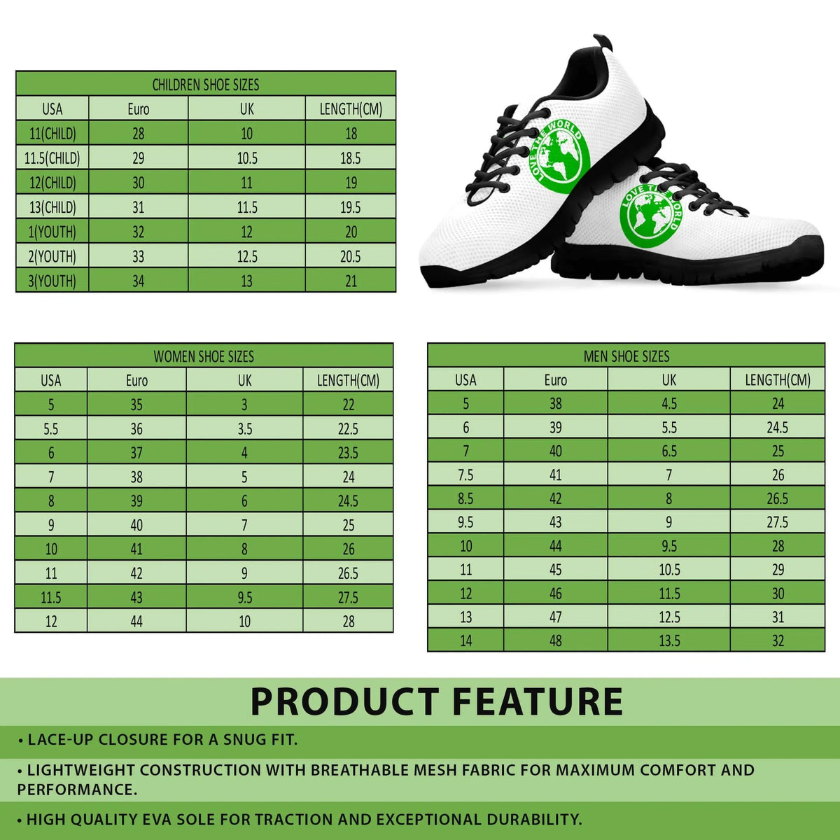Sneakers size chart and product features with lace-up style; white upper, black sole