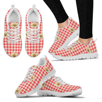 Red gingham low-top sneakers with white laces and white sole, floral detail on sides
