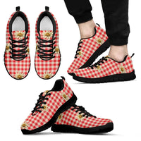 Red and white gingham low-top sneakers with black laces and black sole, floral print