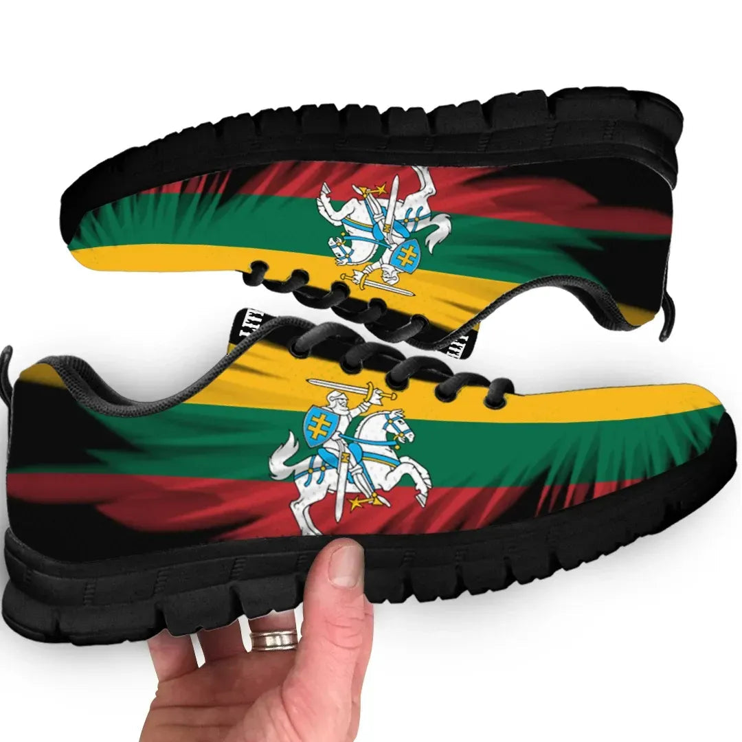 Lithuania flag print sneakers, black upper with multicolor crest, black sole