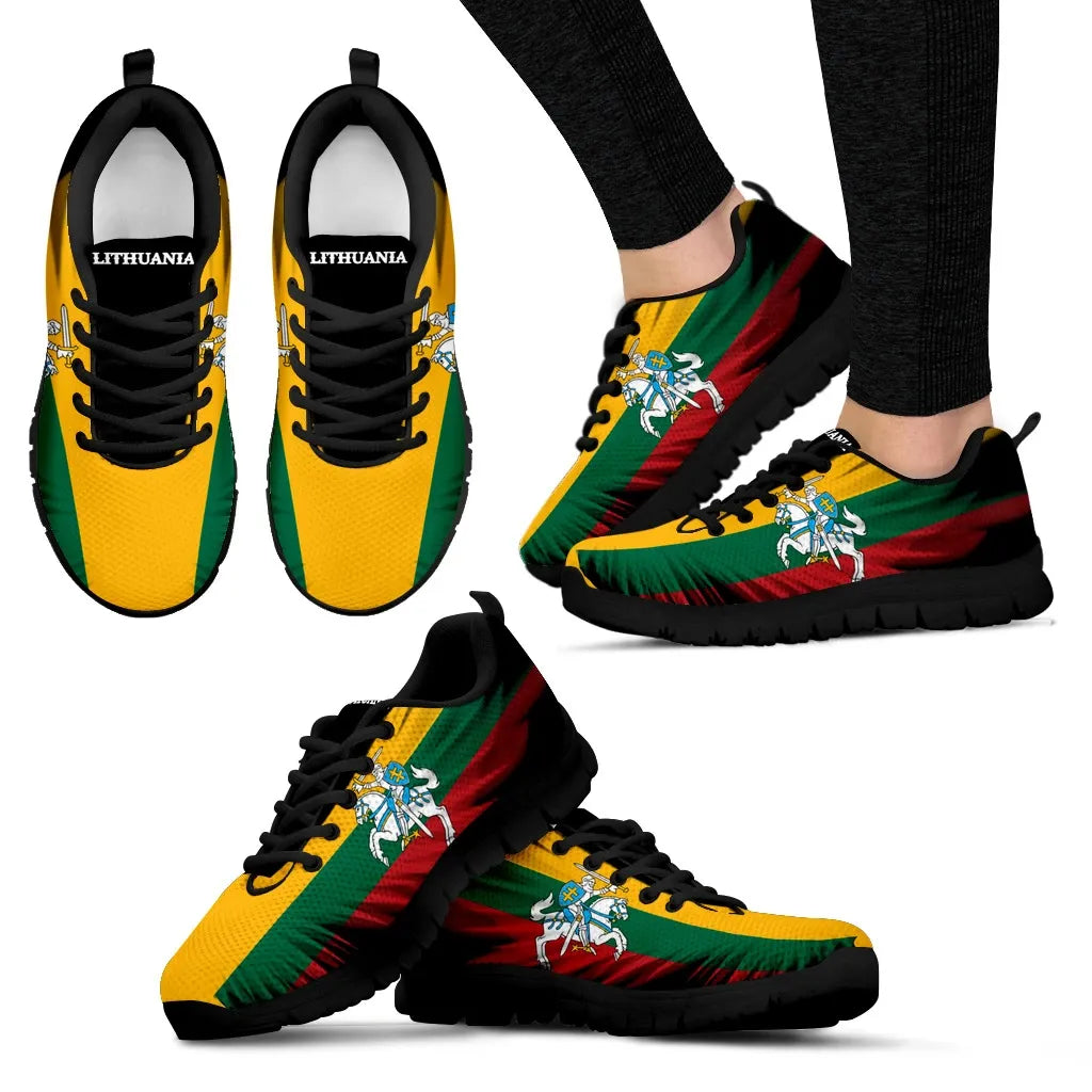 Lithuania flag print sneakers, black laces and black sole, LITHUANIA on tongue