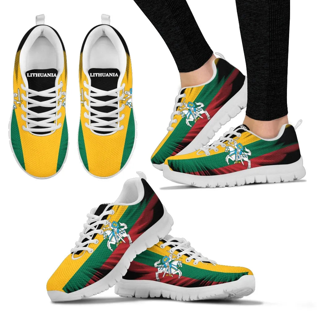 Lithuania flag print sneakers, white laces and white sole, LITHUANIA on tongue
