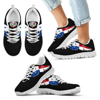 Black low-top sneakers with red-blue wing print, white laces and white outsole