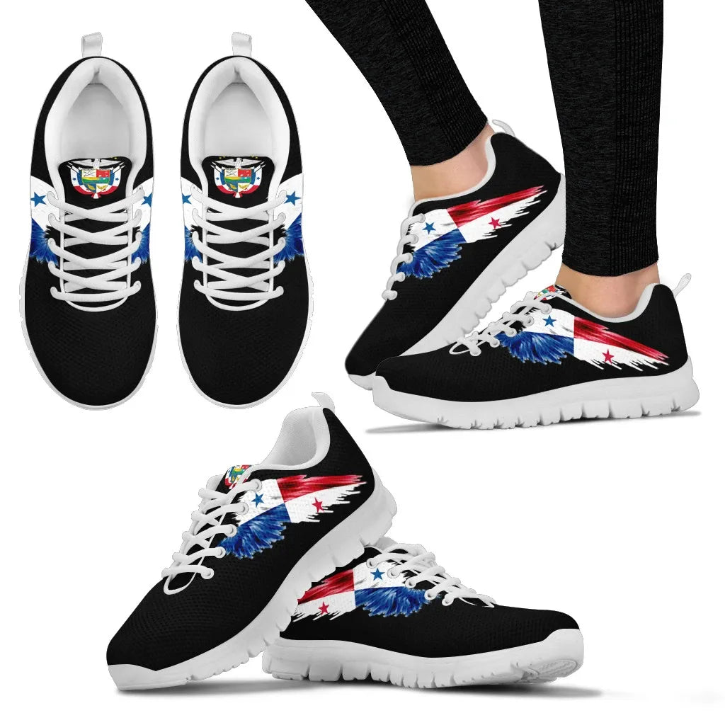 Black low-top sneakers with red-blue wing print and white textured outsole