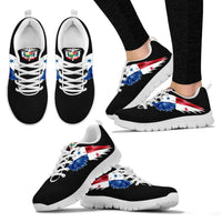Black low-top sneakers with red-blue wing print and white textured outsole