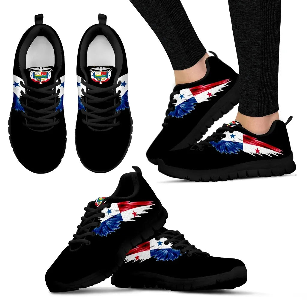 Black low-top sneakers featuring red-blue wing graphic and black textured outsole