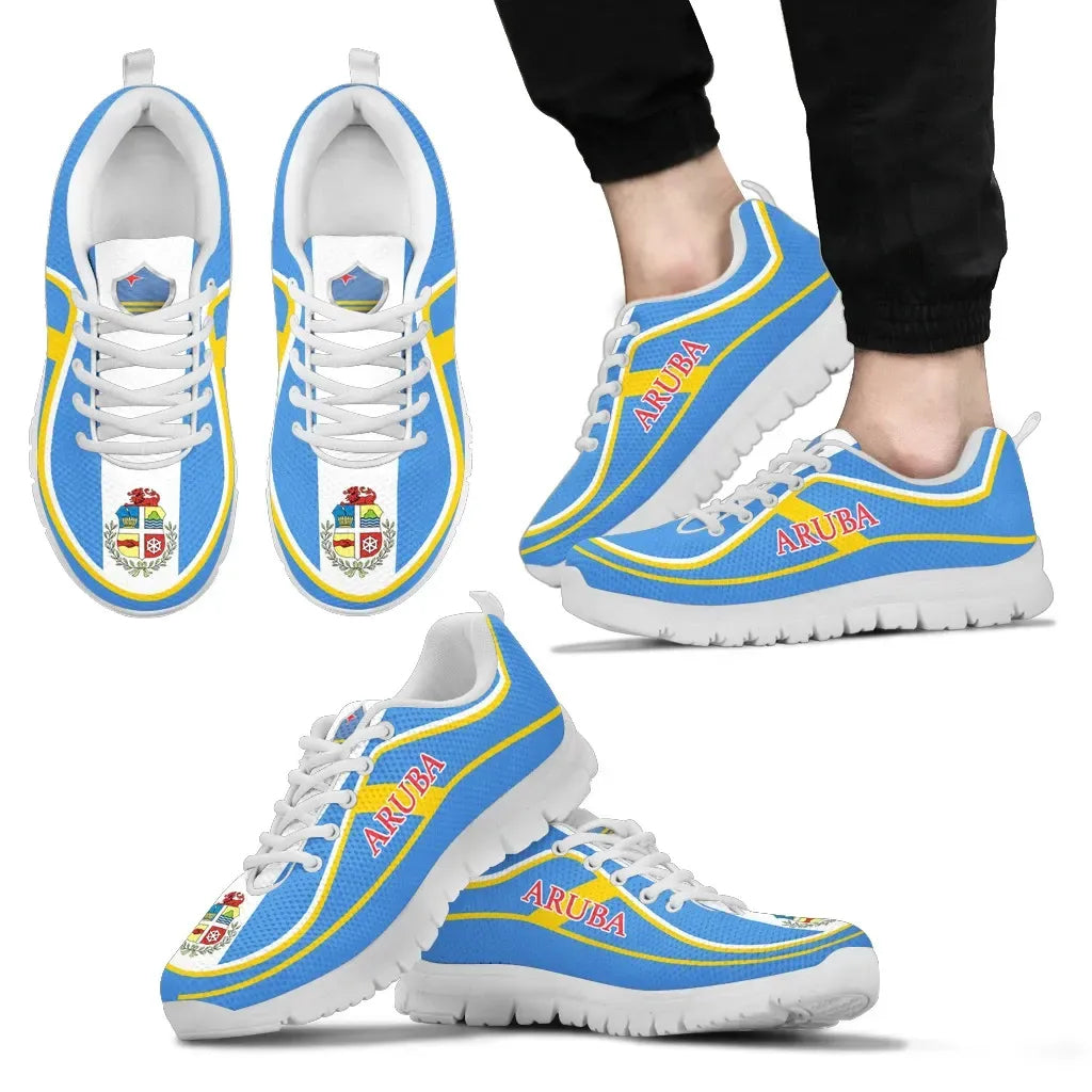 Aruba flag color sneakers, white sole, 'ARUBA' side text, crest on tongue