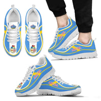 Aruba flag color sneakers, white sole, 'ARUBA' side text, crest on tongue