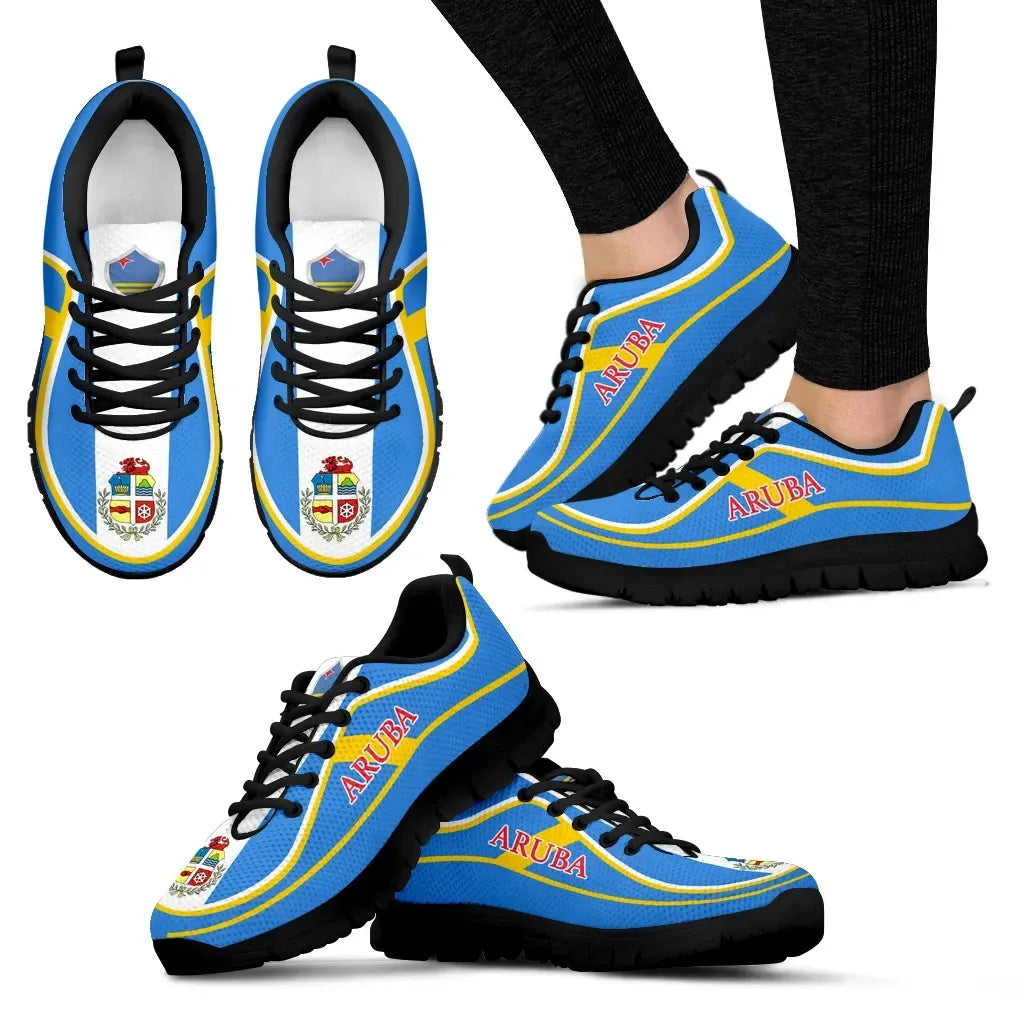 Aruba flag color sneakers, black sole, blue upper with yellow trim stripes