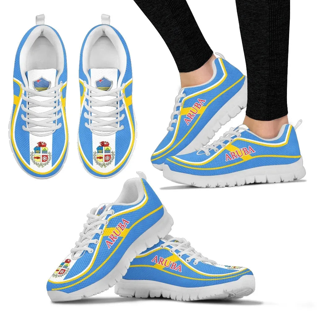 Aruba flag color sneakers, white sole, blue upper with yellow trim stripes