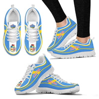 Aruba flag color sneakers, white sole, blue upper with yellow trim stripes