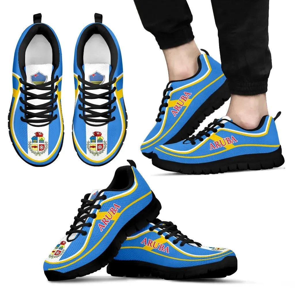 Aruba flag color sneakers, black sole, black laces, 'ARUBA' side lettering