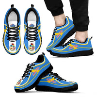 Aruba flag color sneakers, black sole, black laces, 'ARUBA' side lettering
