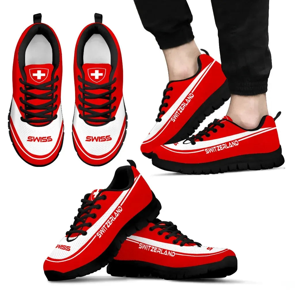 Red sneakers with black sole and black laces, Swiss cross patch on tongue
