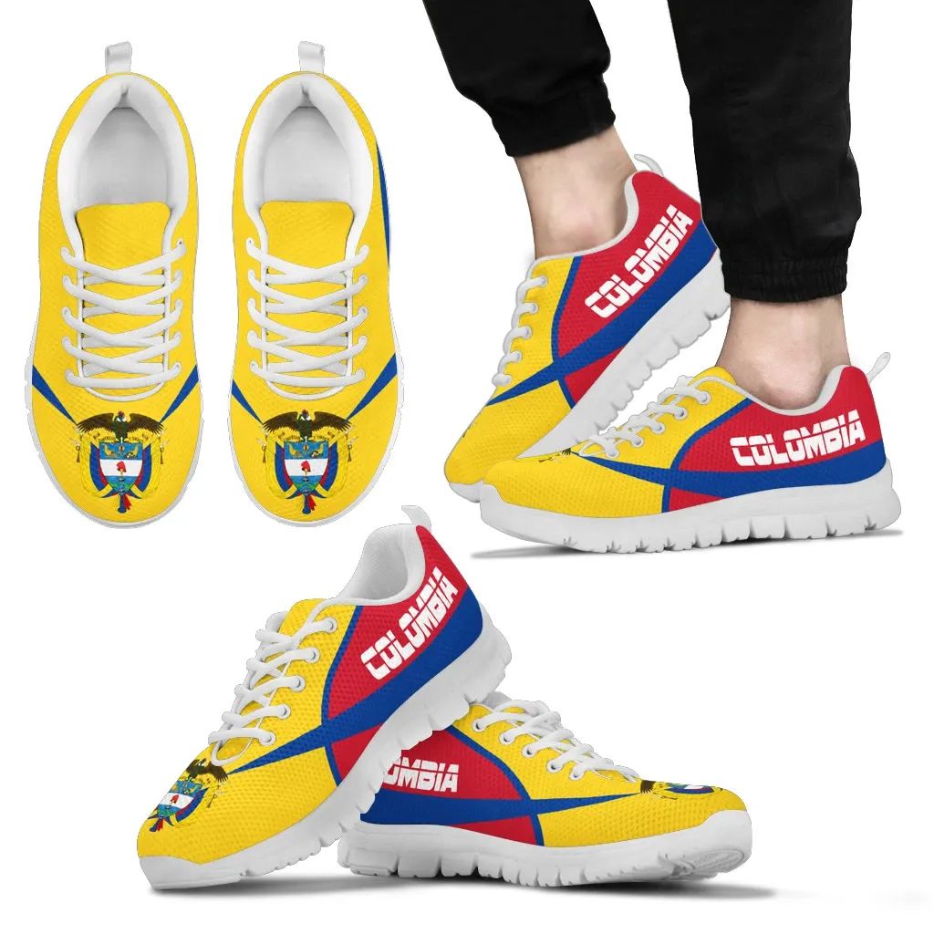 Colombia active sneakers with white sole, yellow upper and red/blue side stripe design.