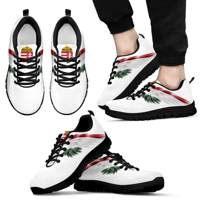 White sneakers with black laces and black sole, multicolor Hungary wing print