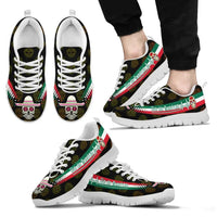 Black-printed Day of the Dead sneakers with Mexican flag stripe and white laces
