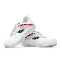 White lace-up sneakers with multicolor wing print, white sole, side view