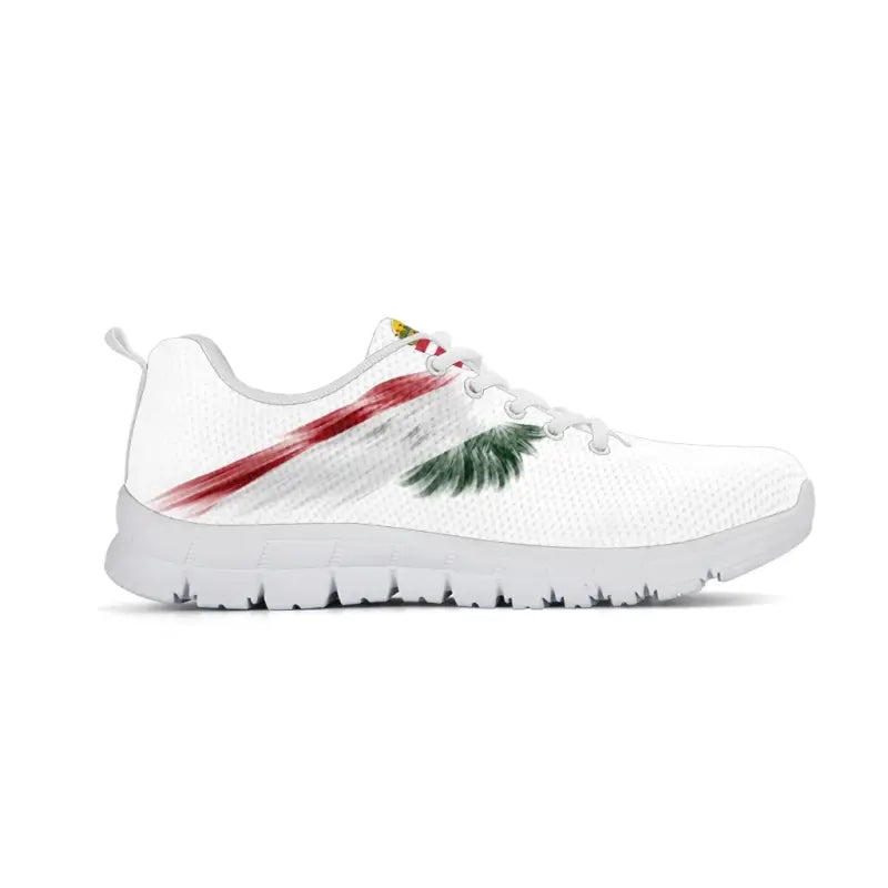 White sneakers with multicolor wing graphic stripe, lace-up, thick white sole