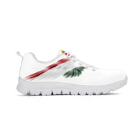 White sneakers with multicolor wing graphic stripe, lace-up, thick white sole