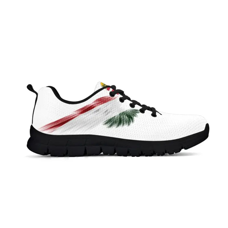 White sneakers with multicolor wing stripe, black sole and tread, lace-up