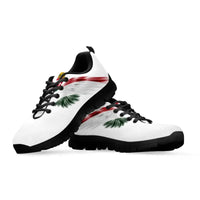 White sneakers with black soles and multicolor wing graphic on side profile