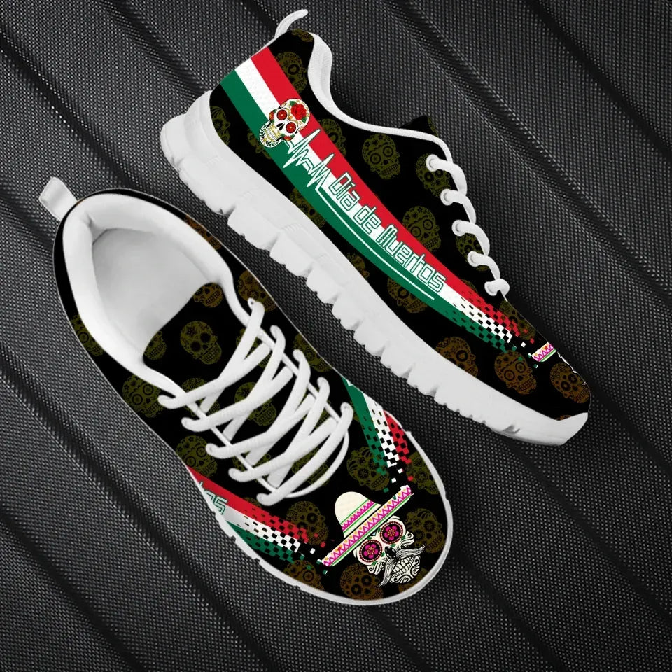 Day of the Dead heartbeat sneakers with Mexican flag striping, white sole