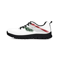 White lace-up sneakers with multicolor wing stripe, black sole and laces