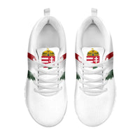 White sneakers front view with Hungary emblem and multicolor wing details