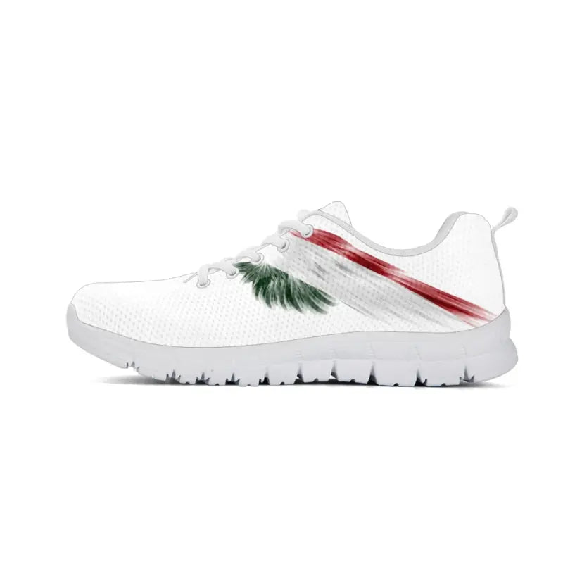 White sneaker with multicolor wing print, side view showing outsole tread