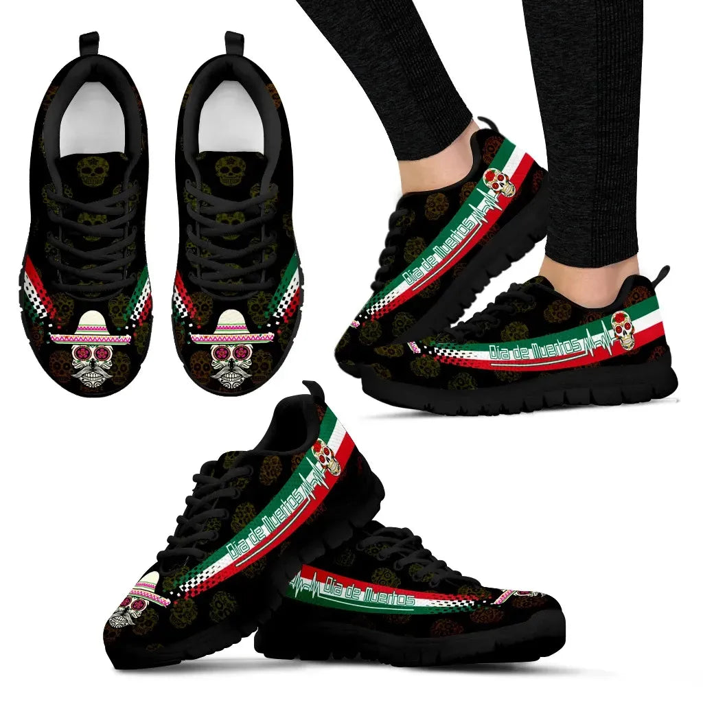 Black sole Day of the Dead heartbeat sneakers with Mexican flag stripe