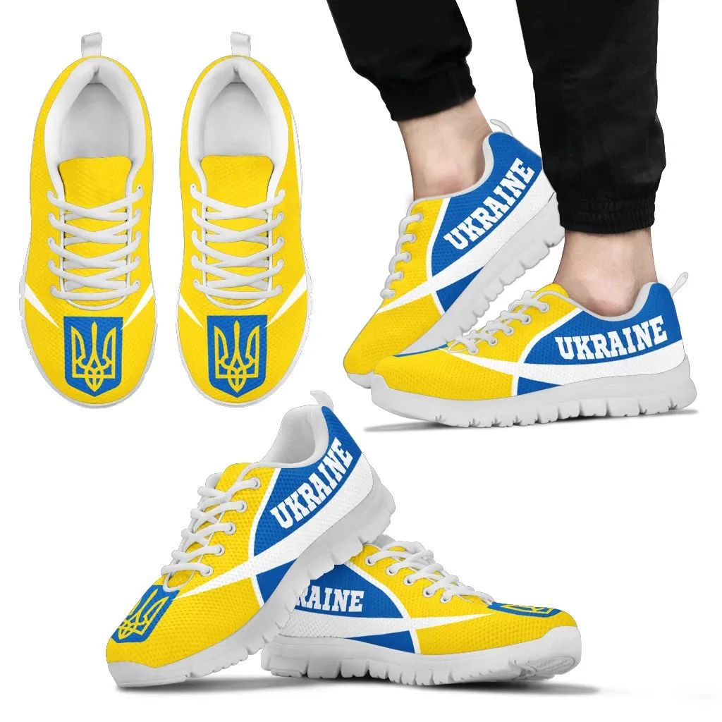 Ukraine active sneakers with yellow uppers, blue side band, white sole, front view