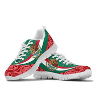 White sole sneakers with green-red-white Mexican stripe and embroidered coat of arms