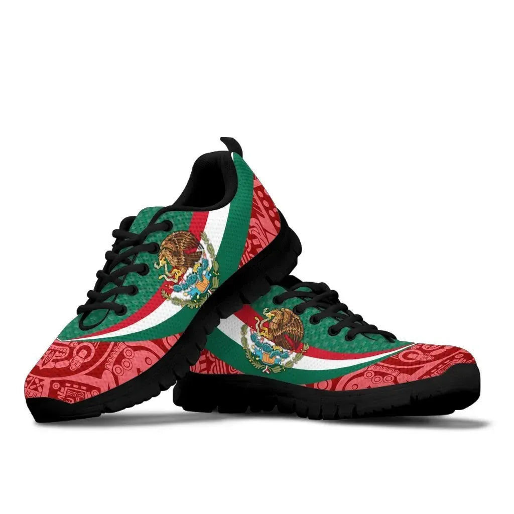 Black sole sneakers with green-red-white Mexican stripe and embroidered coat of arms