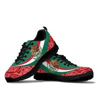 Black sole sneakers with green-red-white Mexican stripe and embroidered coat of arms